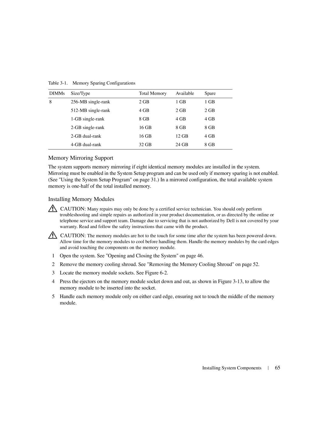 Dell 1950 owner manual Memory Mirroring Support, Installing Memory Modules 