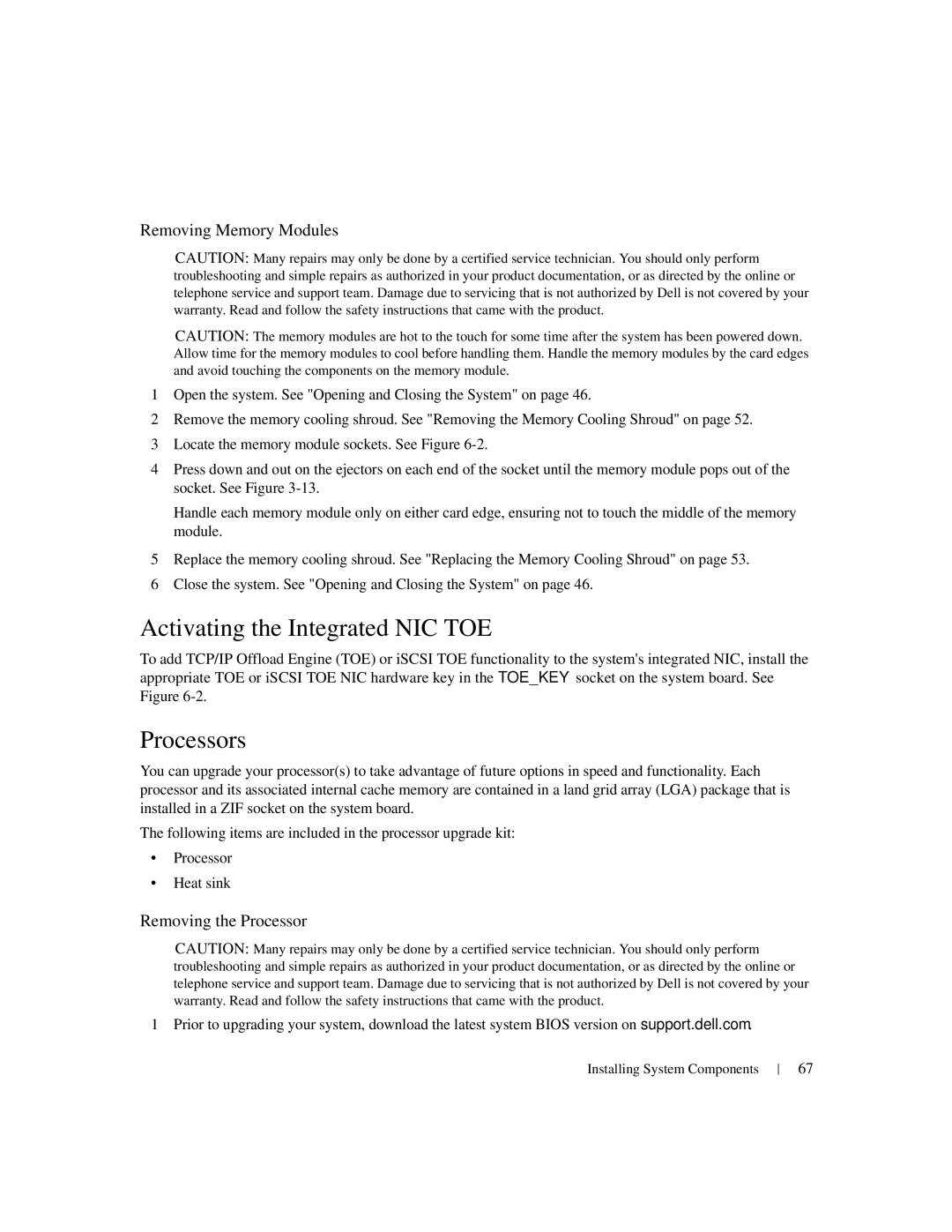 Dell 1950 owner manual Activating the Integrated NIC TOE, Processors, Removing Memory Modules, Removing the Processor 