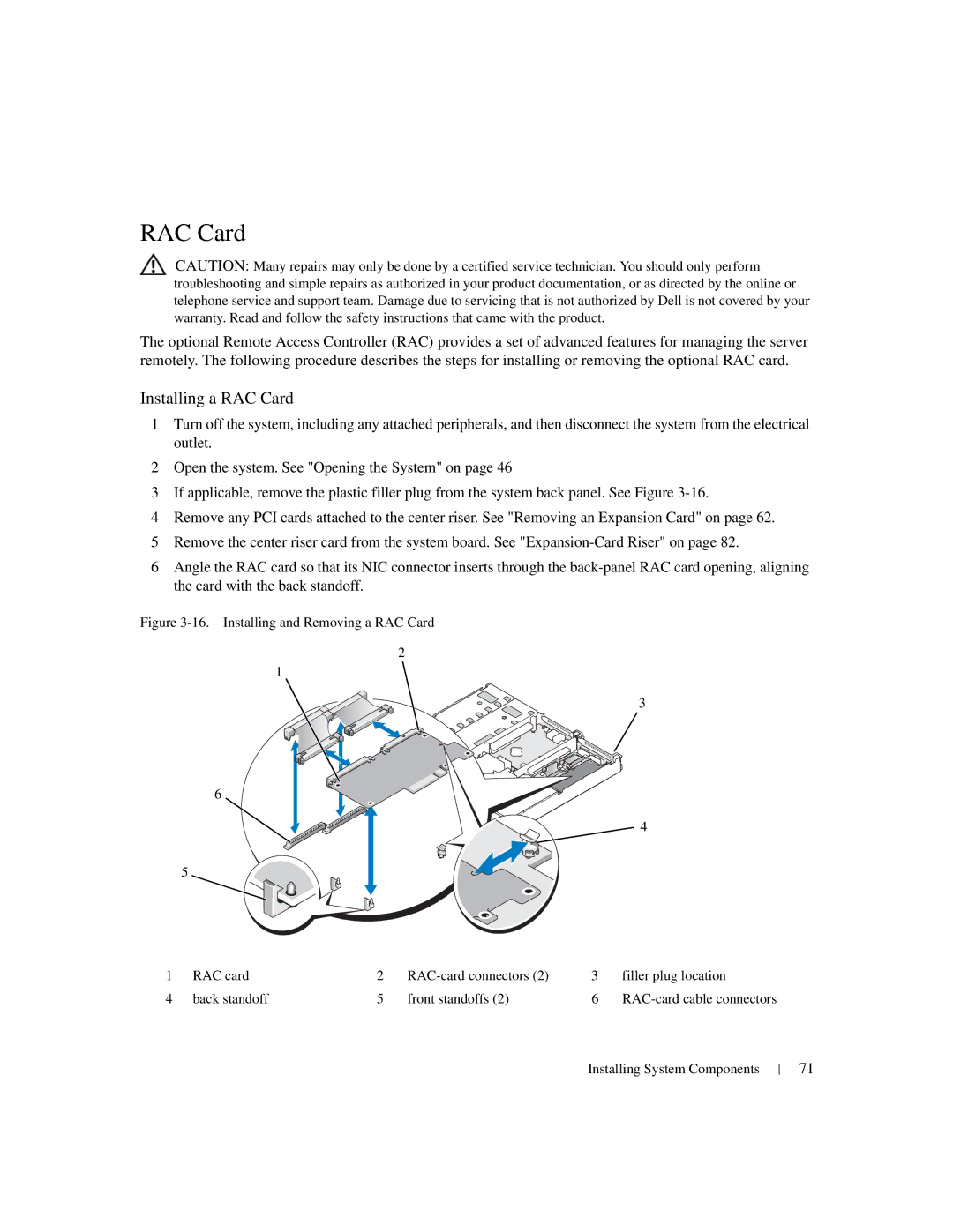 Dell 1950 owner manual Installing a RAC Card 