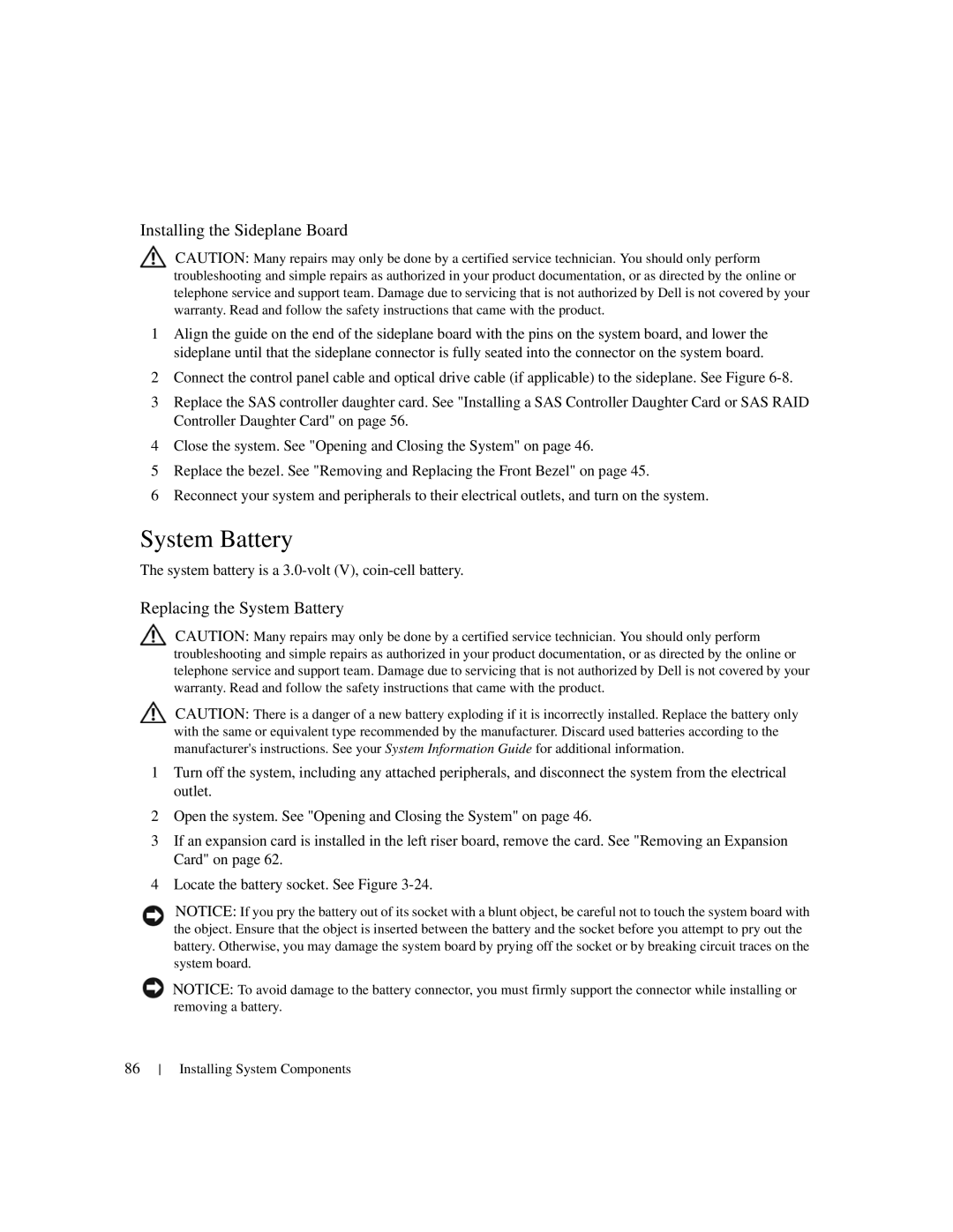Dell 1950 owner manual Installing the Sideplane Board, Replacing the System Battery 