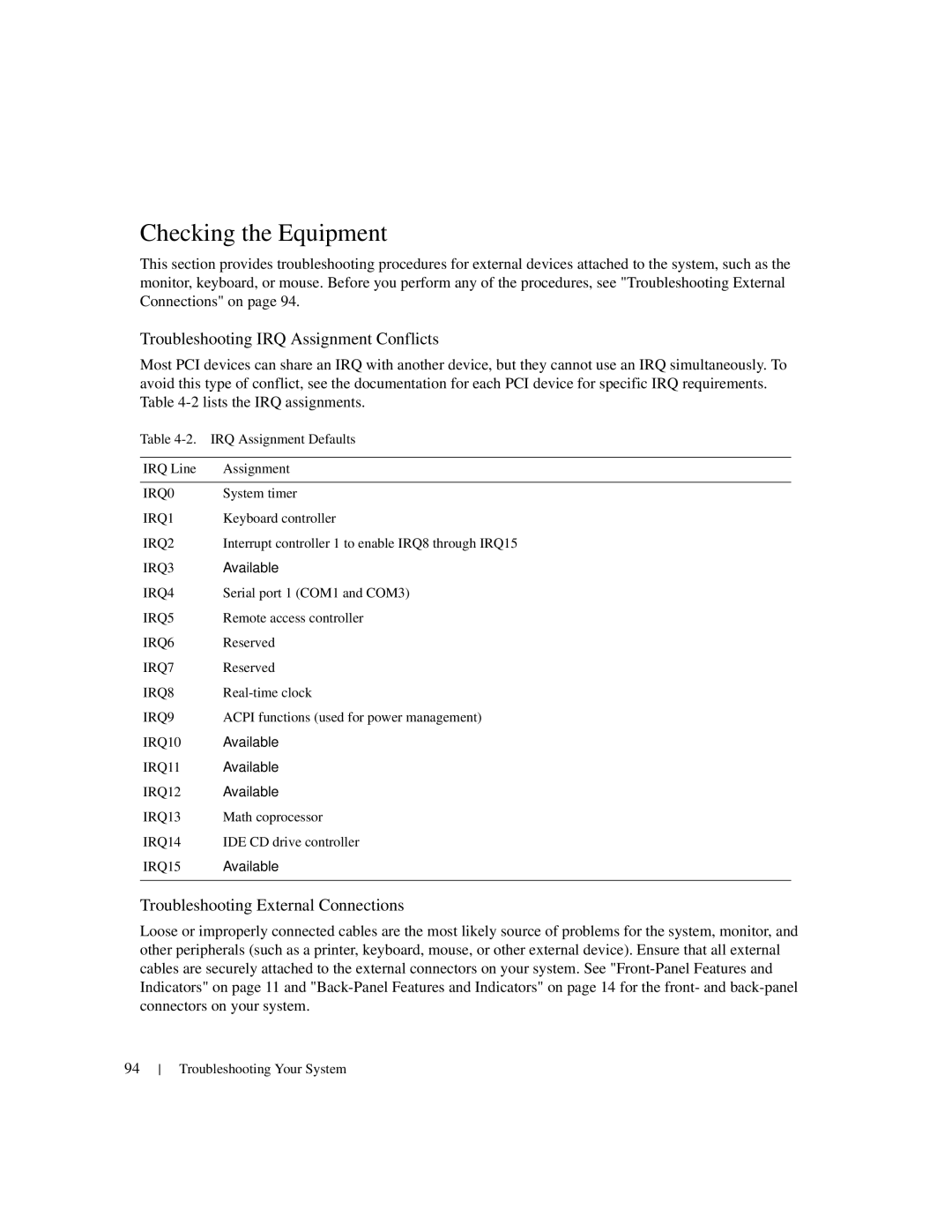 Dell 1950 Checking the Equipment, Troubleshooting IRQ Assignment Conflicts, Troubleshooting External Connections 