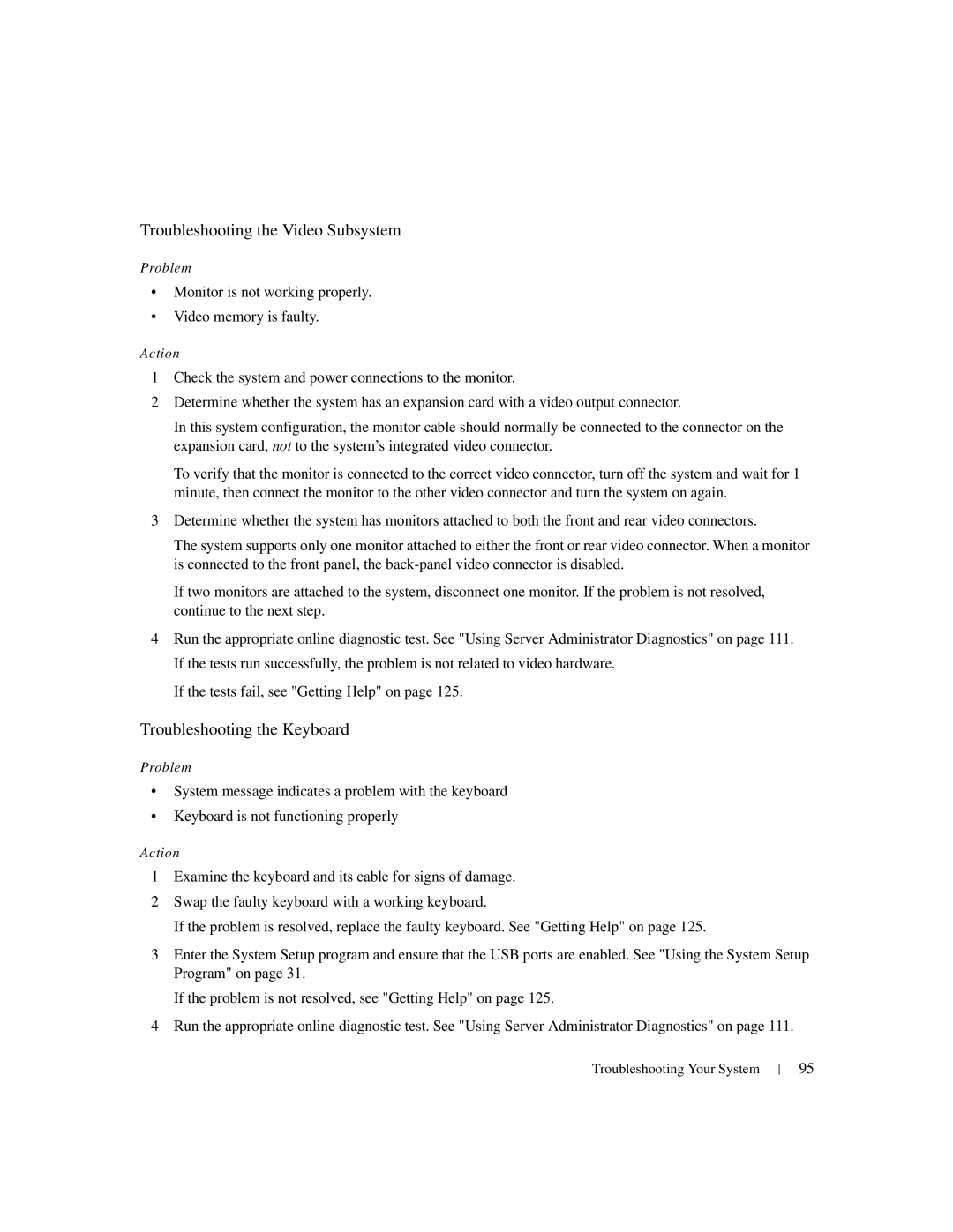 Dell 1950 owner manual Troubleshooting the Video Subsystem, Troubleshooting the Keyboard 