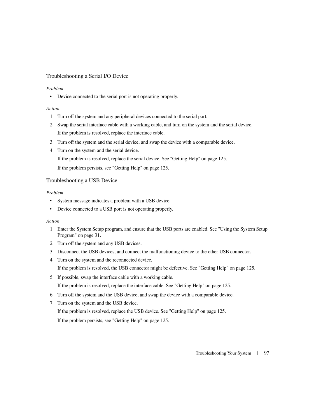 Dell 1950 owner manual Troubleshooting a Serial I/O Device, Troubleshooting a USB Device 