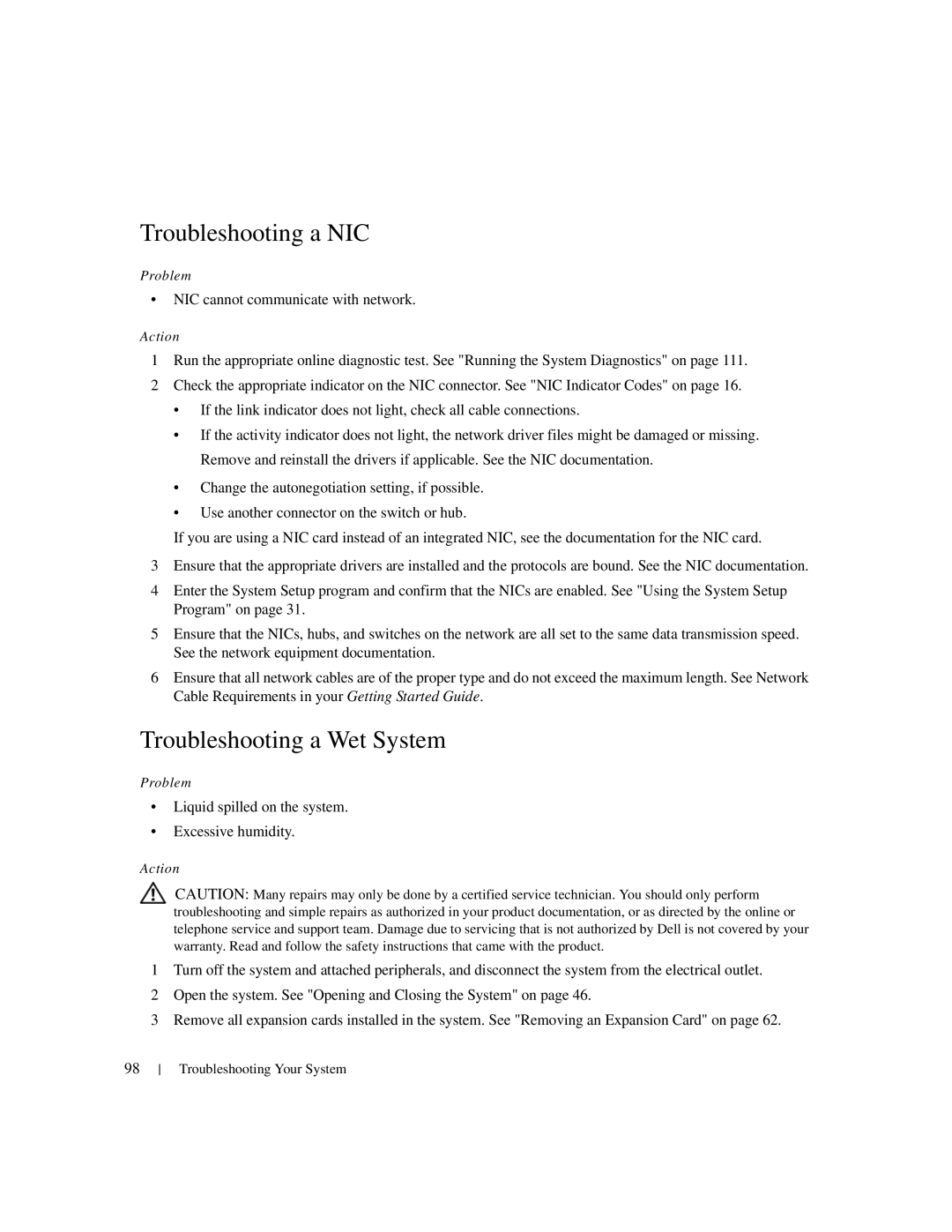 Dell 1950 owner manual Troubleshooting a NIC, Troubleshooting a Wet System, NIC cannot communicate with network 