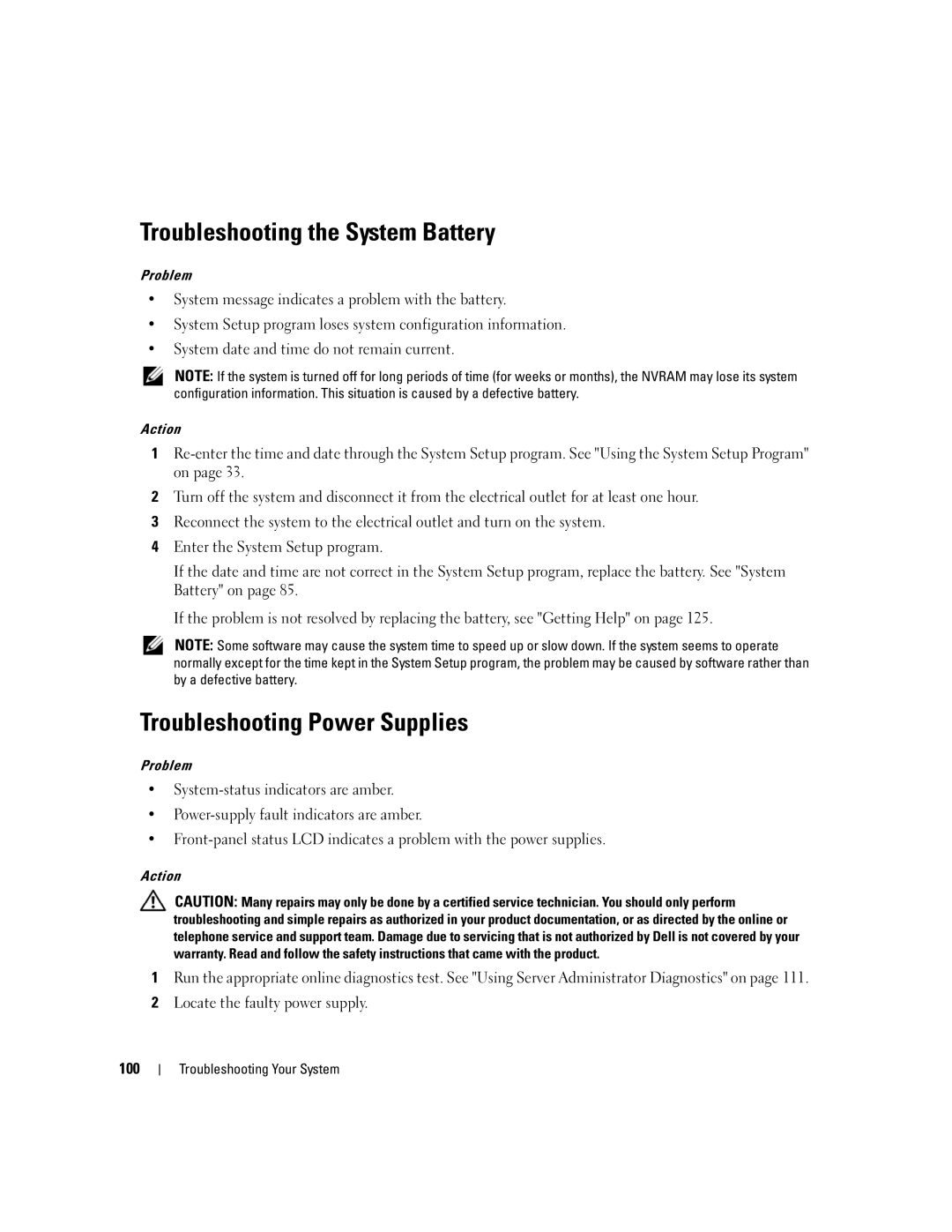 Dell 1950 owner manual Troubleshooting the System Battery, Troubleshooting Power Supplies 