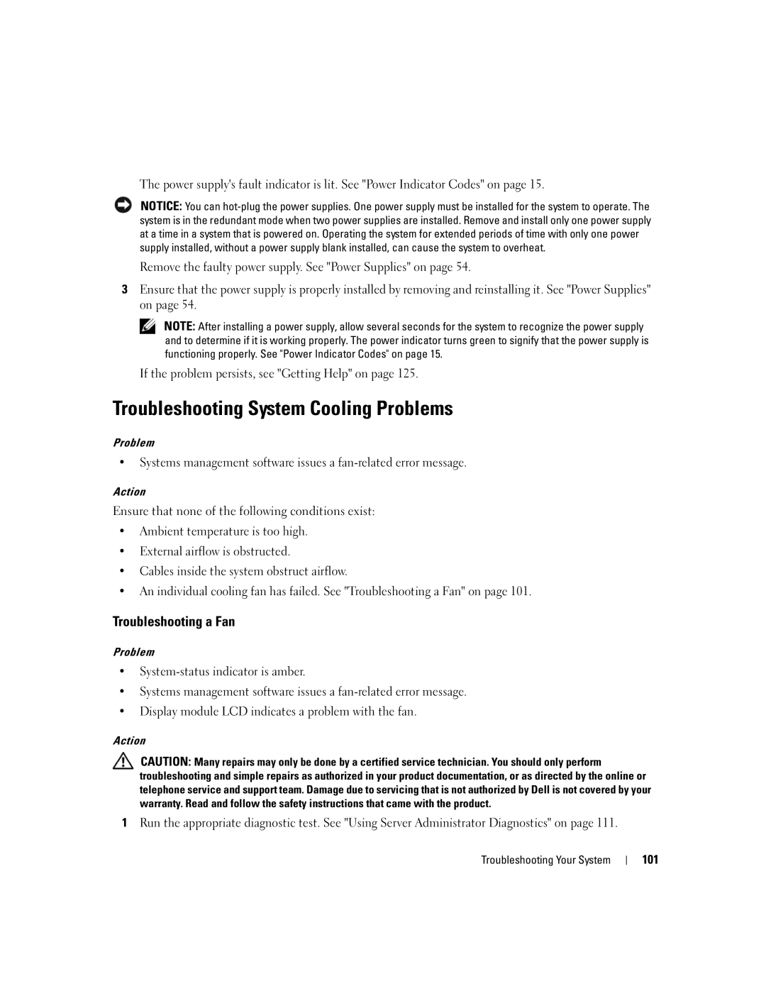 Dell 1950 owner manual Troubleshooting System Cooling Problems, Troubleshooting a Fan, 101 