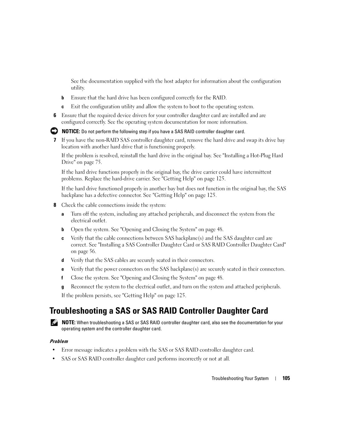 Dell 1950 owner manual Troubleshooting a SAS or SAS RAID Controller Daughter Card, 105 