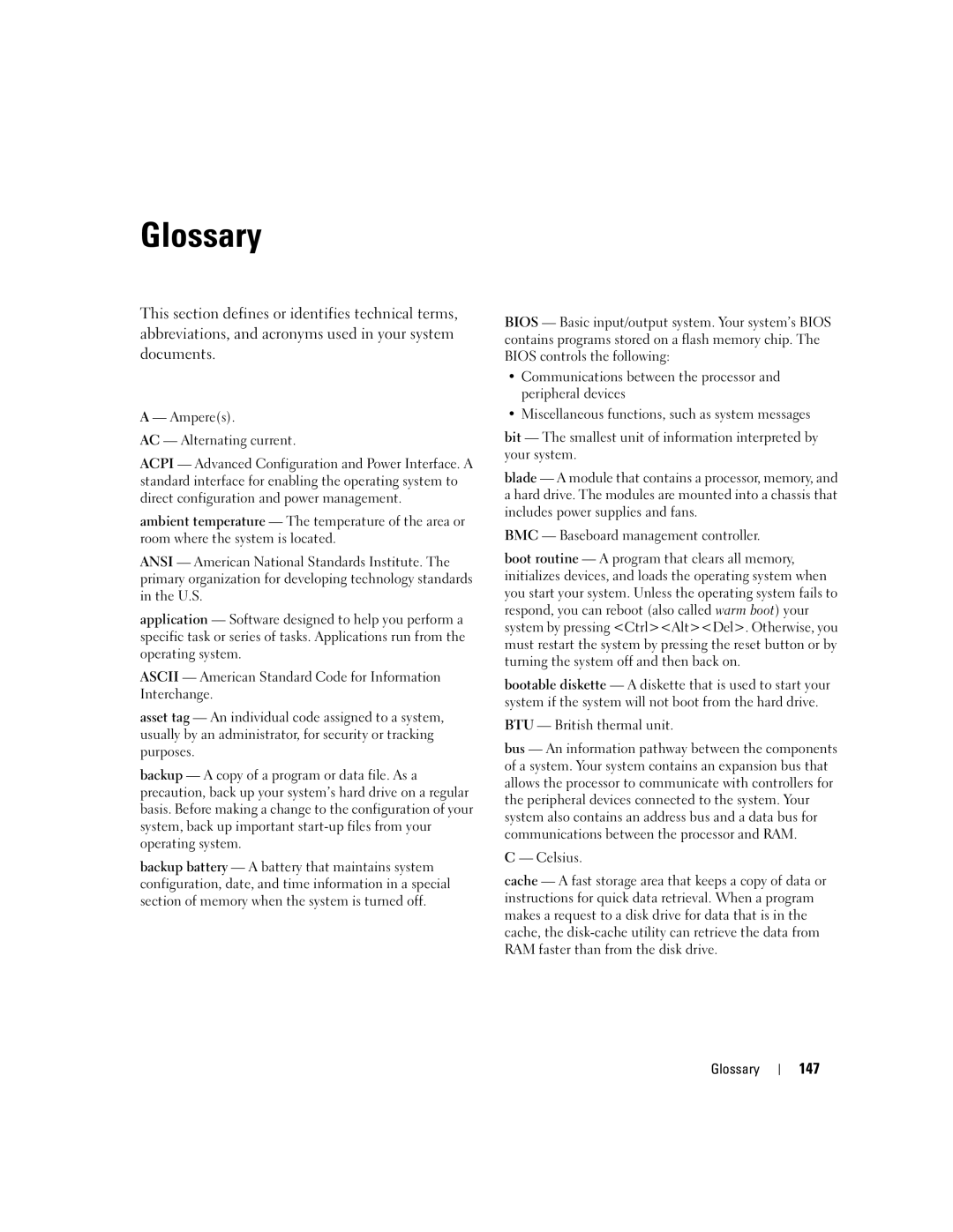 Dell 1950 owner manual 147, Amperes AC Alternating current, BTU British thermal unit, Celsius, Glossary 