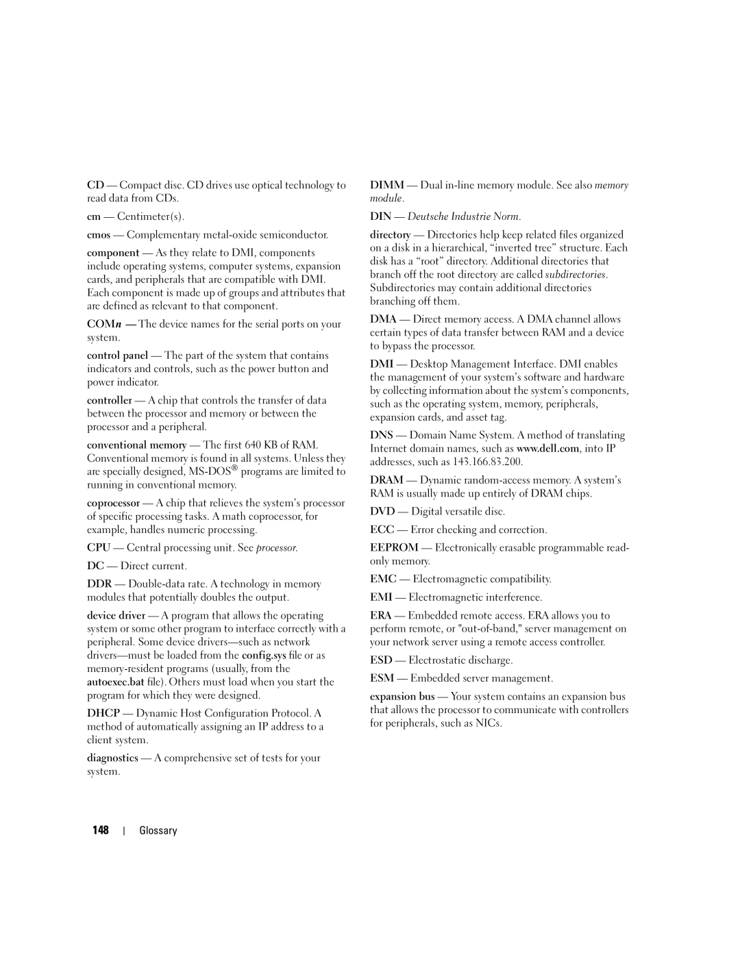 Dell 1950 owner manual 148, CPU Central processing unit. See processor DC Direct current 