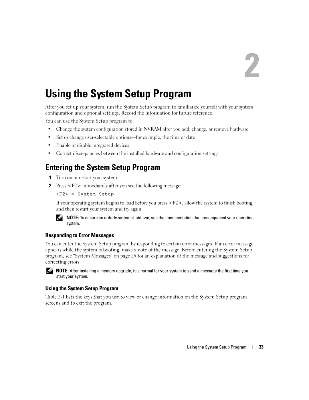 Dell 1950 owner manual Entering the System Setup Program, Responding to Error Messages, Using the System Setup Program 