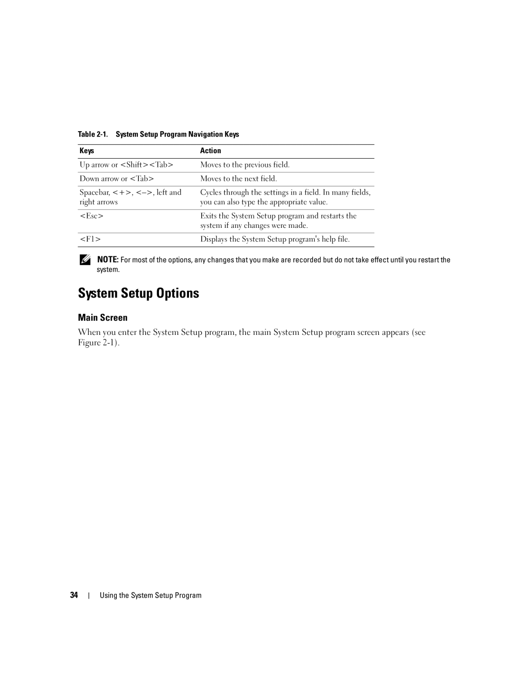 Dell 1950 owner manual System Setup Options, Main Screen 