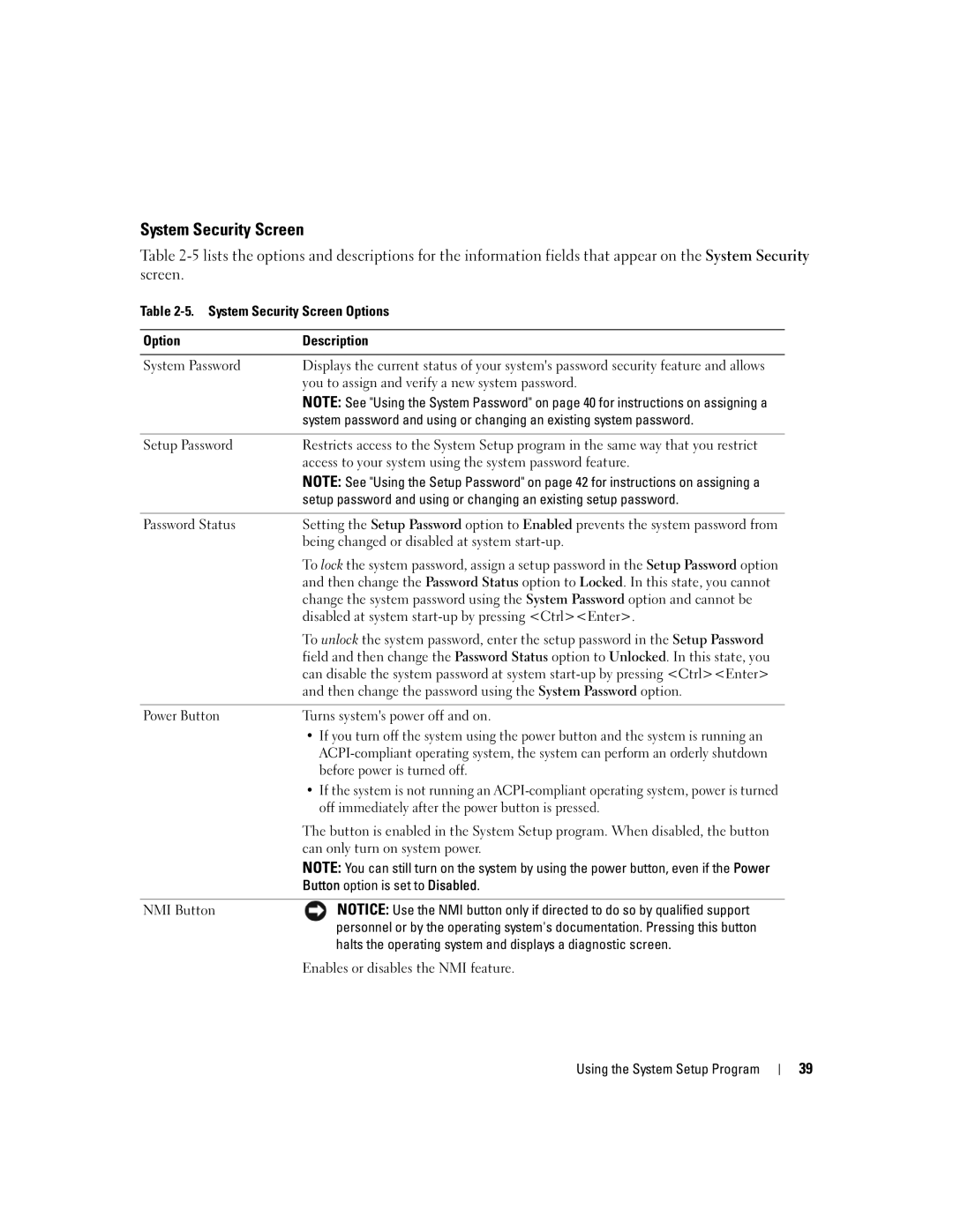 Dell 1950 owner manual System Security Screen 