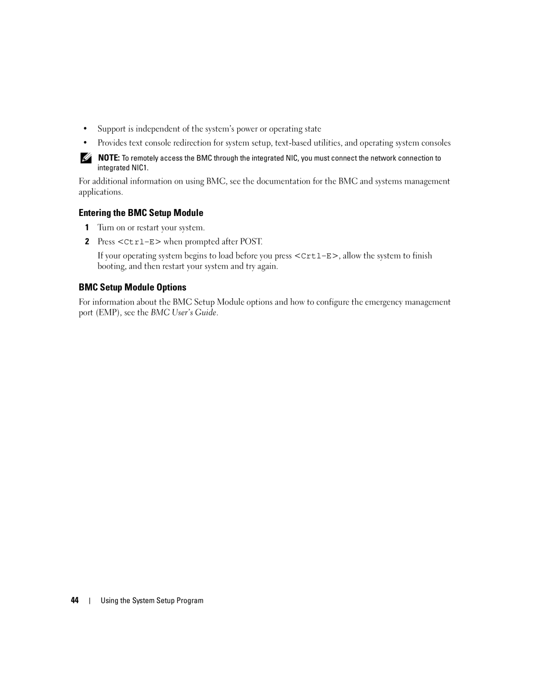 Dell 1950 owner manual Entering the BMC Setup Module, BMC Setup Module Options 