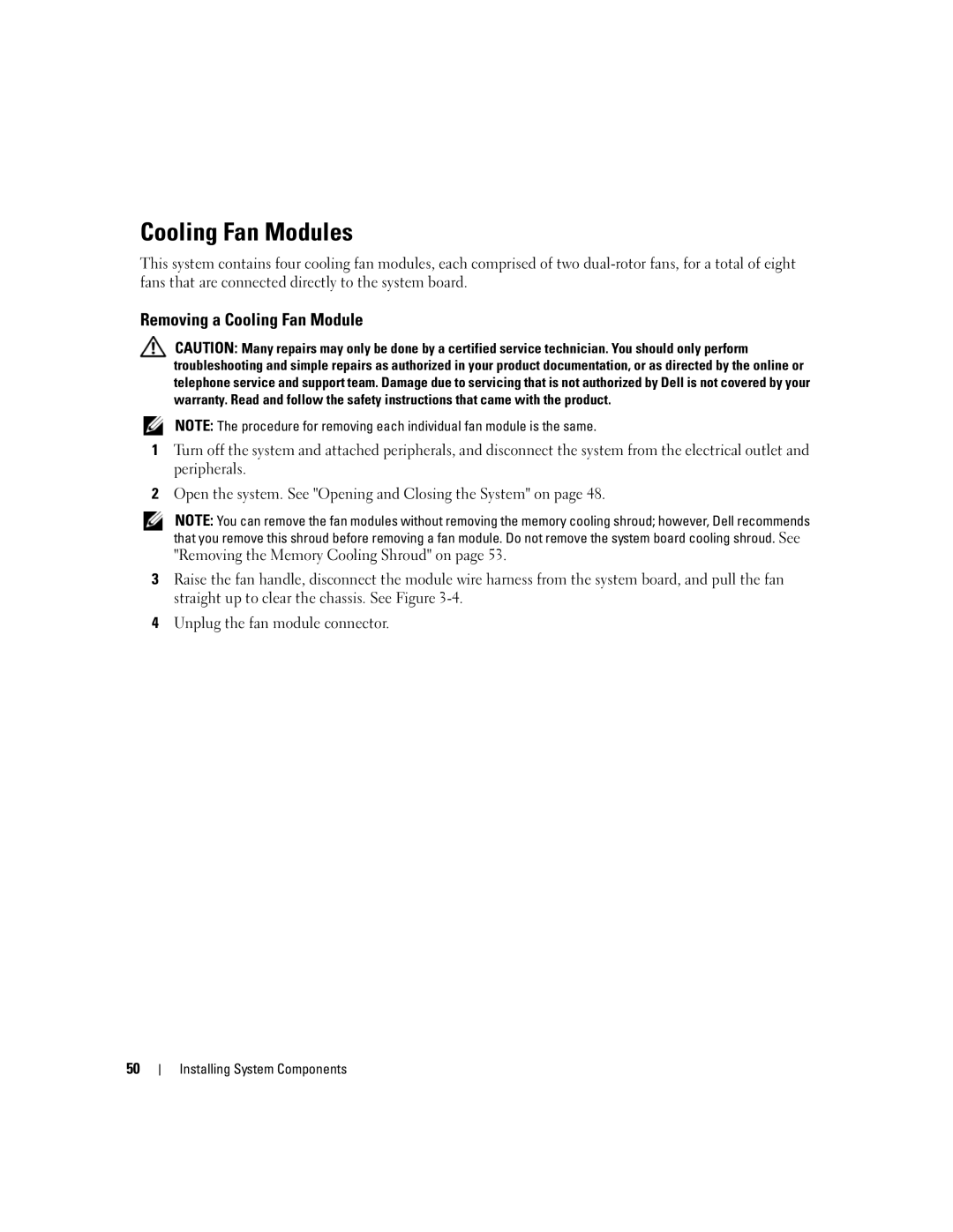 Dell 1950 owner manual Cooling Fan Modules, Removing a Cooling Fan Module 