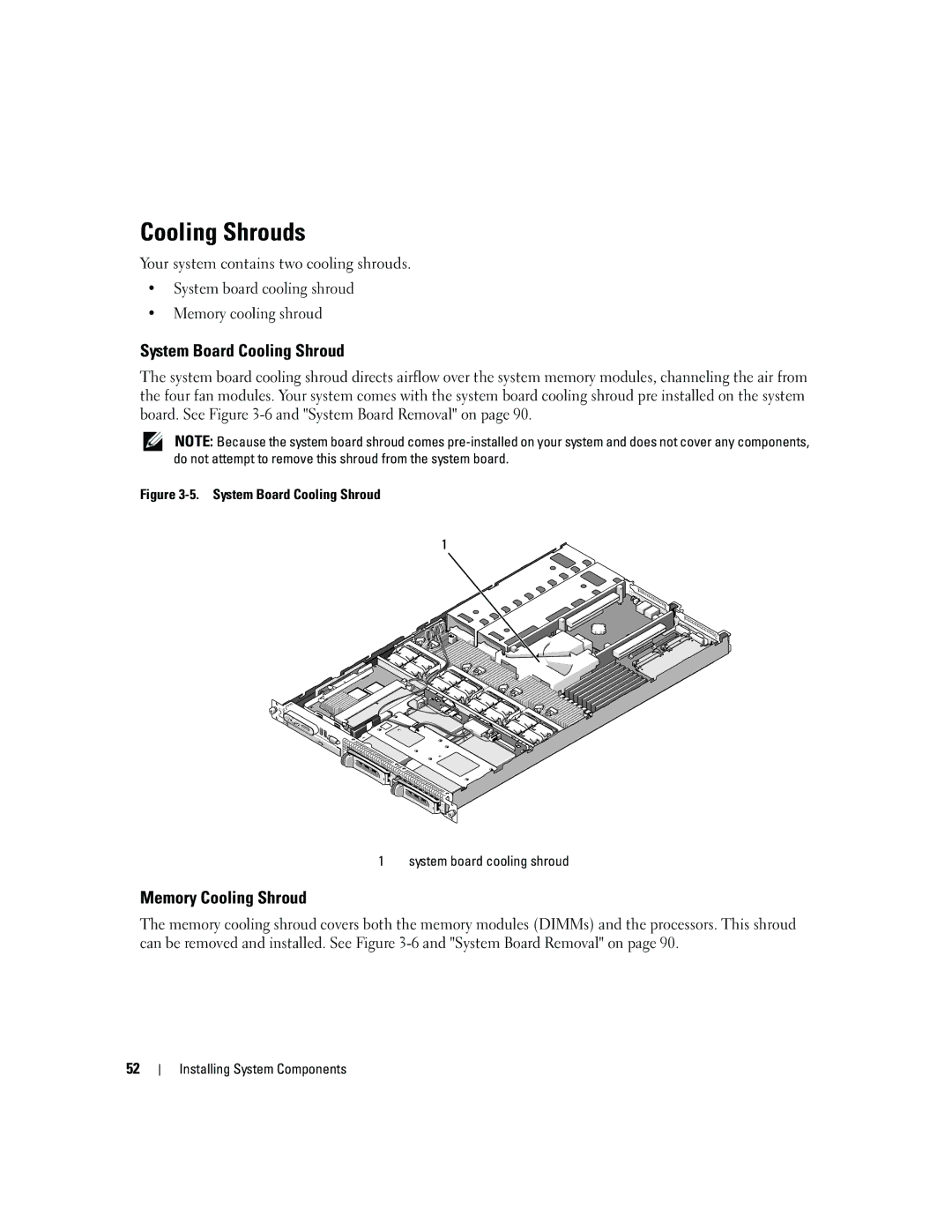 Dell 1950 owner manual Cooling Shrouds, System Board Cooling Shroud, Memory Cooling Shroud 