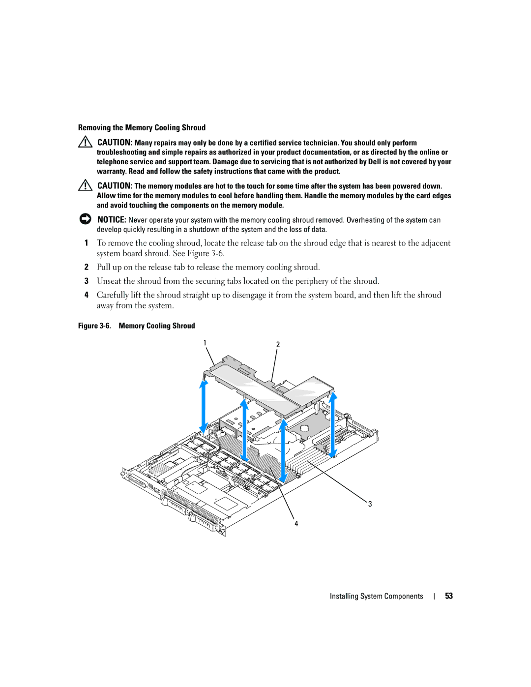 Dell 1950 owner manual Memory Cooling Shroud Installing System Components 