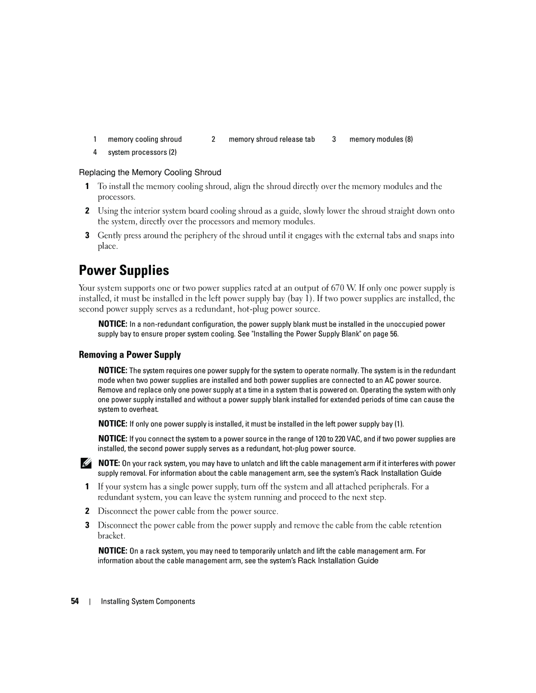 Dell 1950 owner manual Power Supplies, Removing a Power Supply, Memory cooling shroud, System processors 