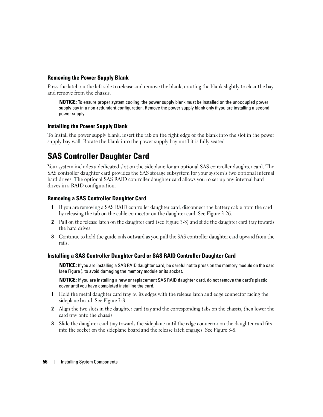 Dell 1950 owner manual SAS Controller Daughter Card, Removing the Power Supply Blank, Installing the Power Supply Blank 