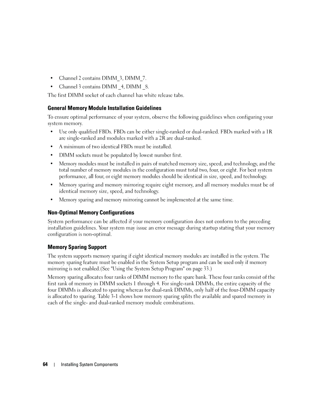 Dell 1950 General Memory Module Installation Guidelines, Non-Optimal Memory Configurations, Memory Sparing Support 