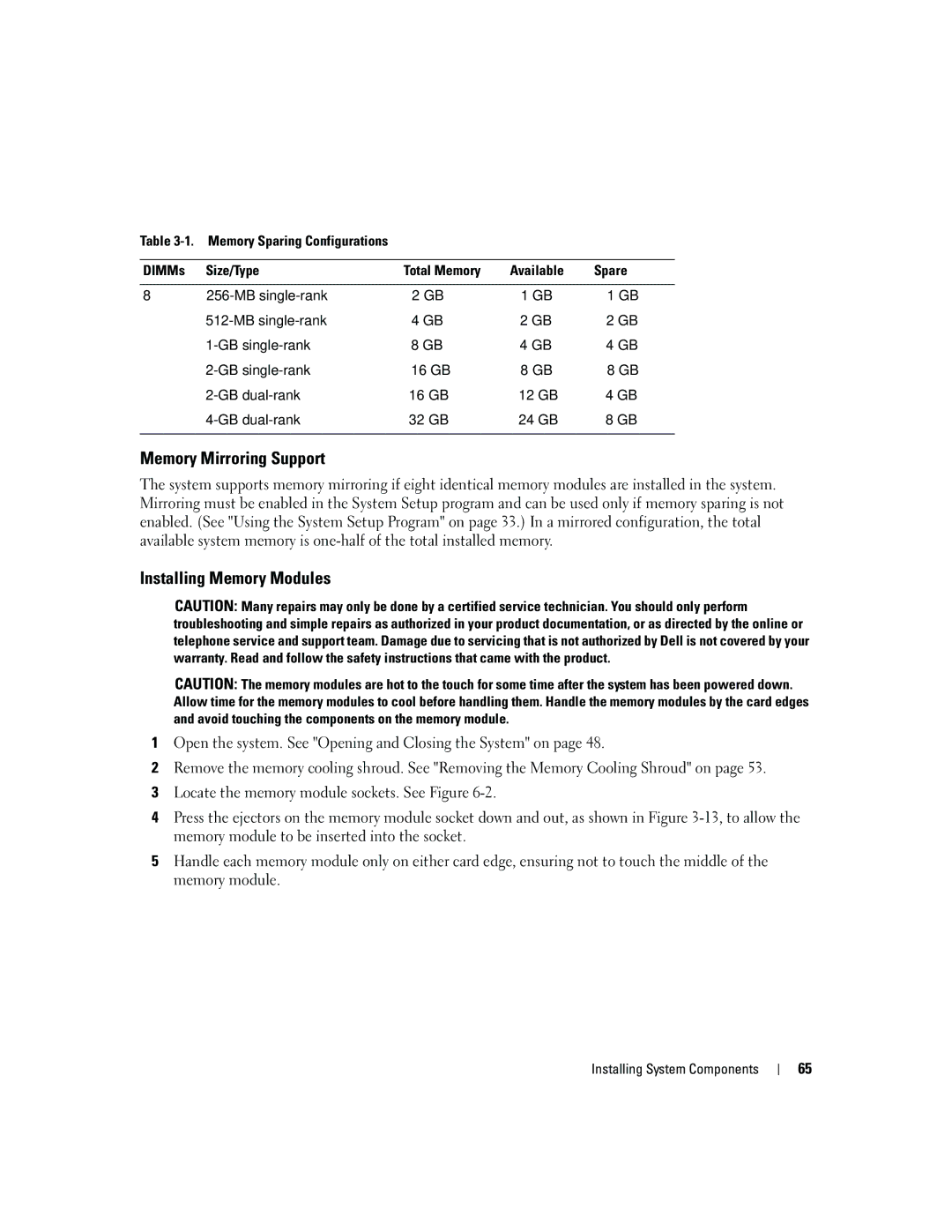 Dell 1950 owner manual Memory Mirroring Support, Installing Memory Modules 