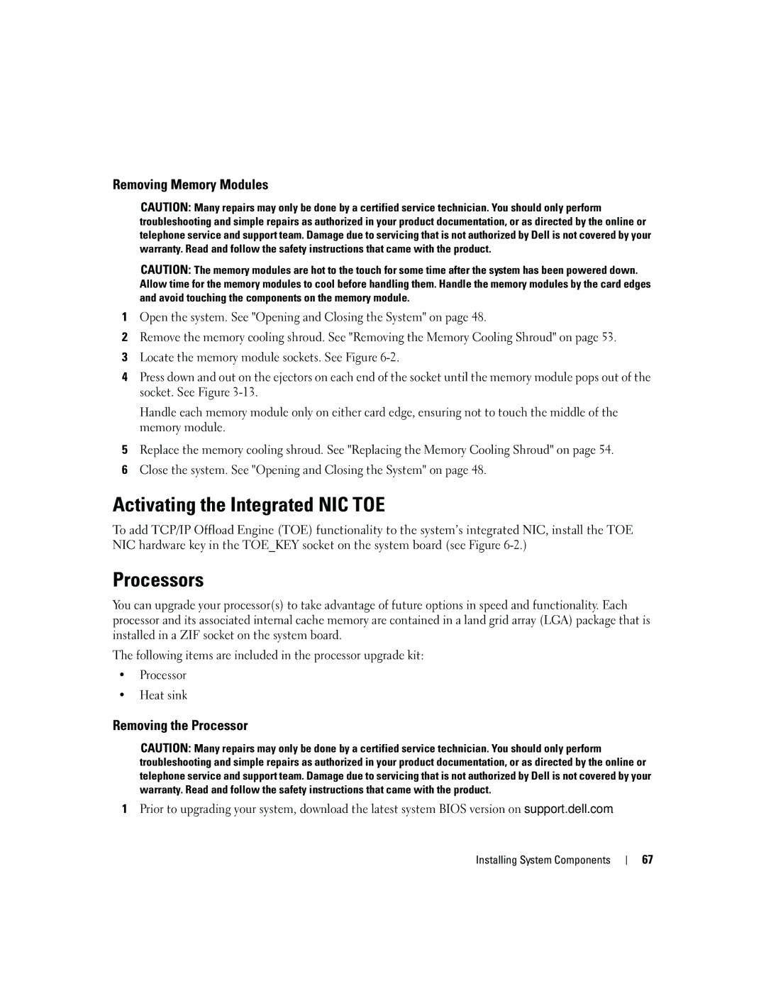 Dell 1950 owner manual Activating the Integrated NIC TOE, Processors, Removing Memory Modules, Removing the Processor 