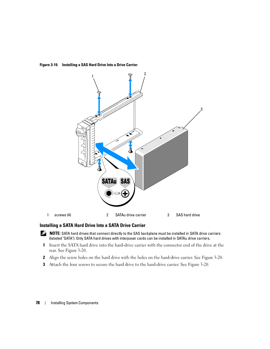 Dell 1950 owner manual Installing a Sata Hard Drive Into a Sata Drive Carrier 