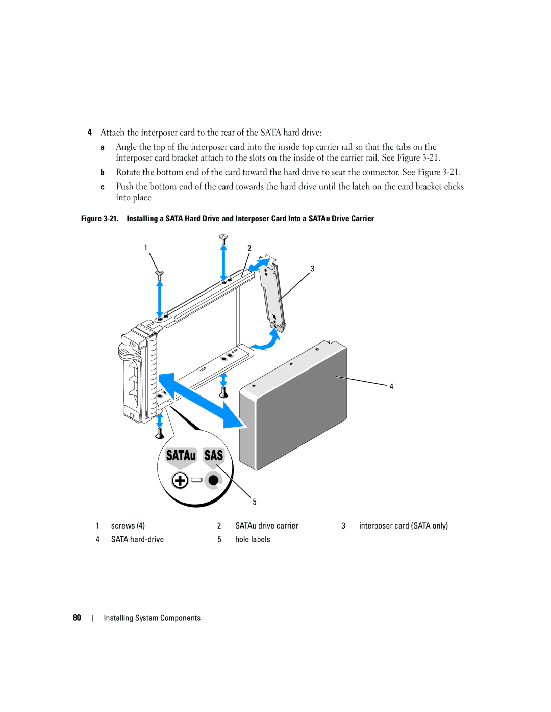 Dell 1950 owner manual Sata hard-drive Hole labels Installing System Components 