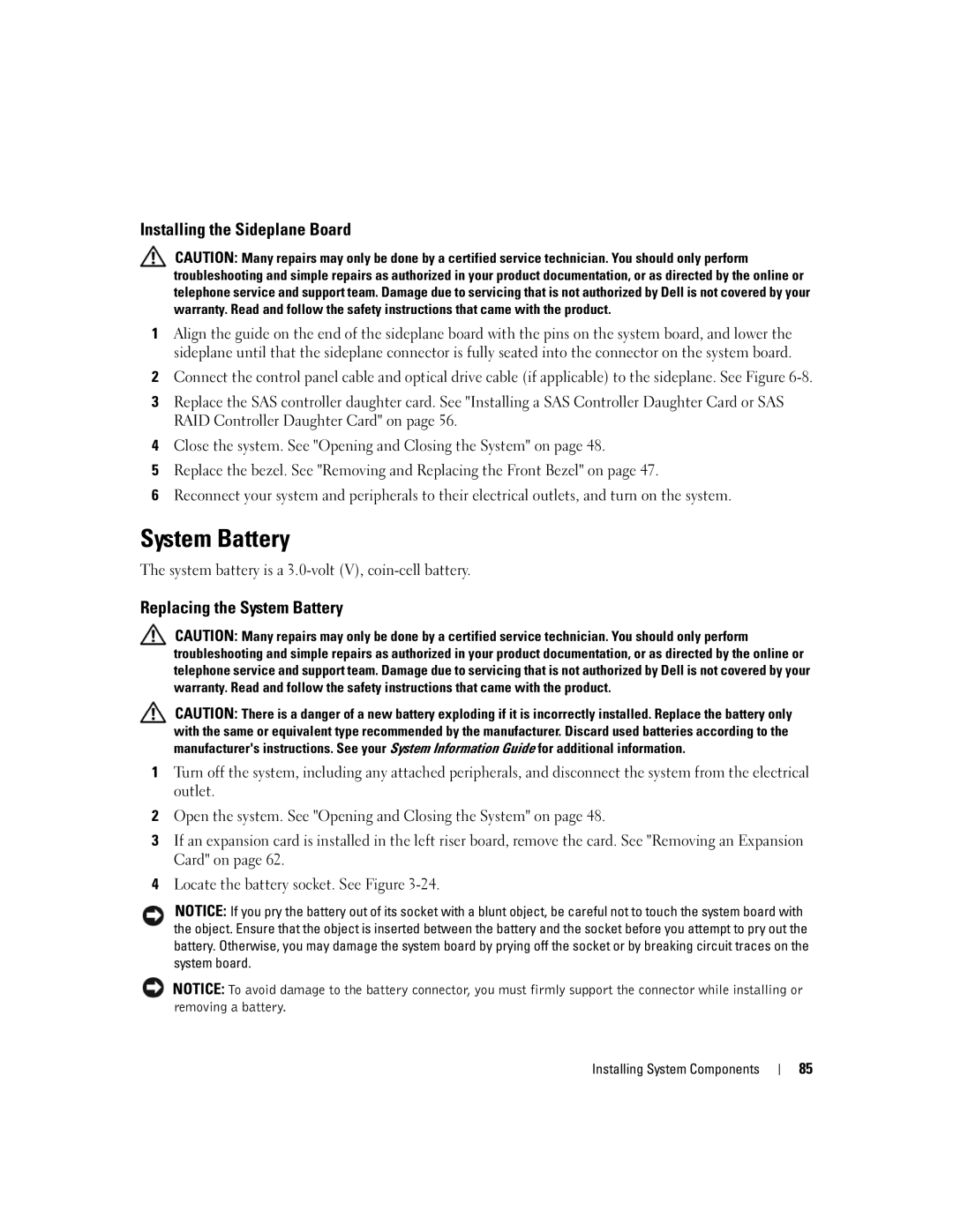 Dell 1950 owner manual Installing the Sideplane Board, Replacing the System Battery 