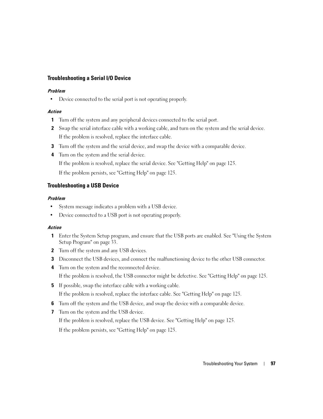 Dell 1950 owner manual Troubleshooting a Serial I/O Device, Troubleshooting a USB Device 