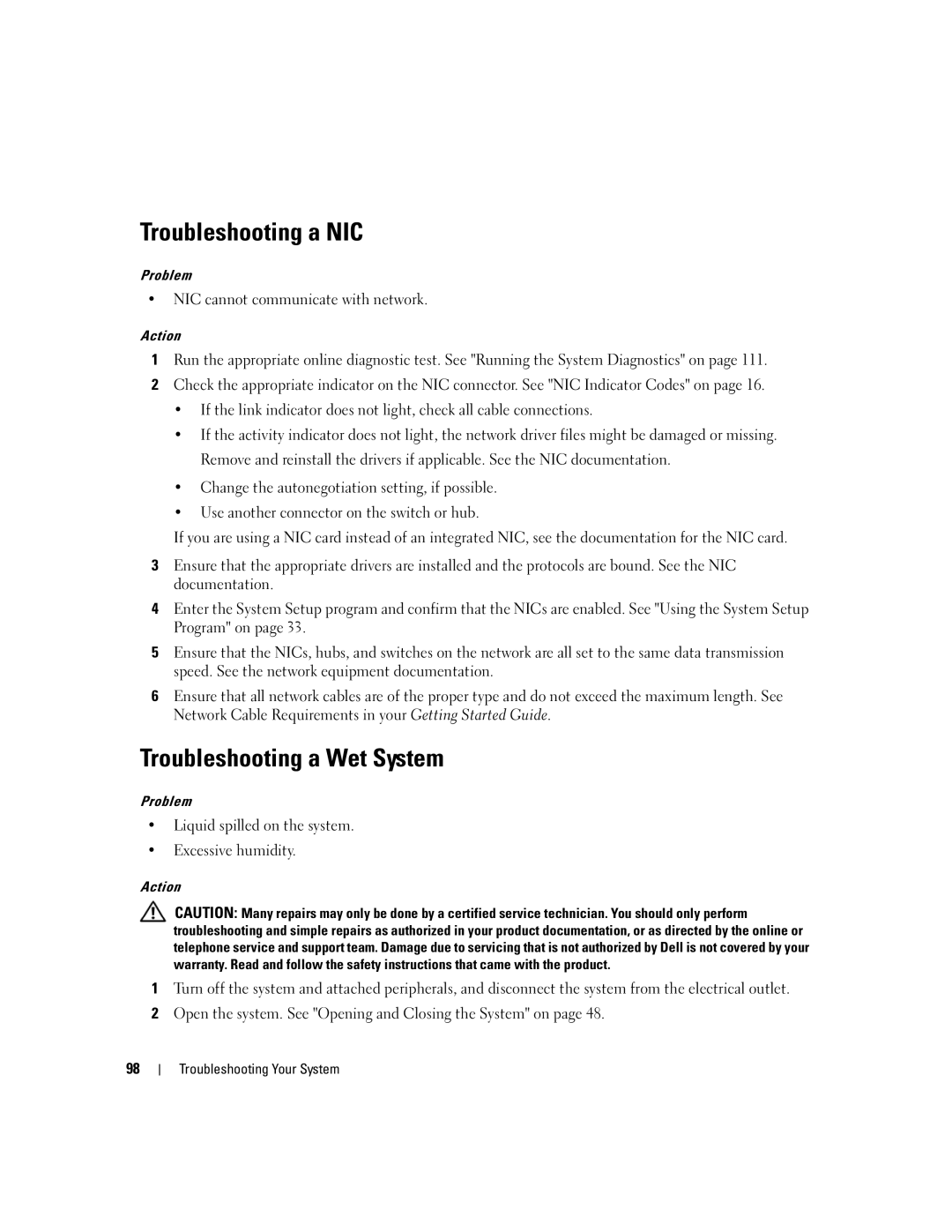 Dell 1950 owner manual Troubleshooting a NIC, Troubleshooting a Wet System, NIC cannot communicate with network 