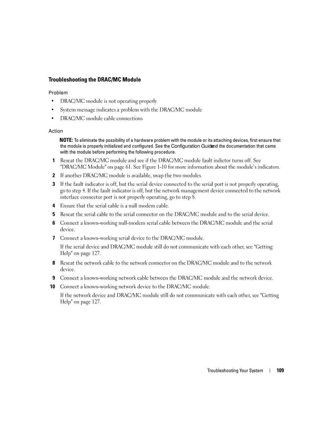 Dell 1955 owner manual Troubleshooting the DRAC/MC Module, 109 