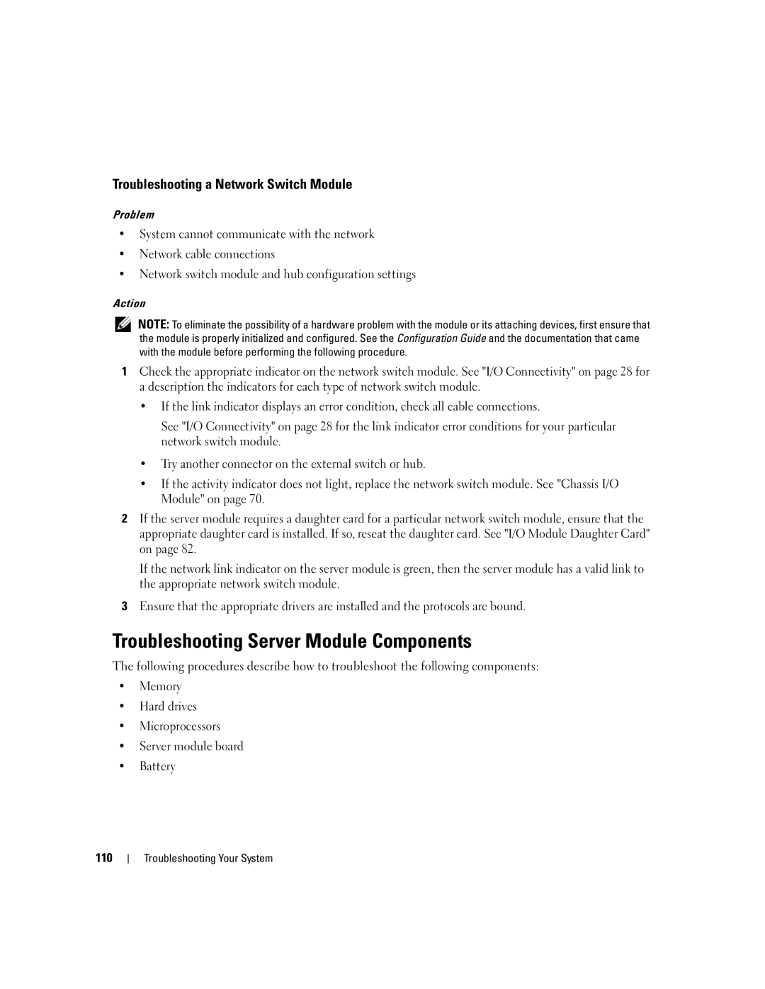 Dell 1955 owner manual Troubleshooting Server Module Components, Troubleshooting a Network Switch Module 