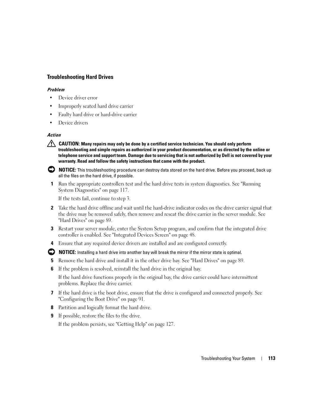 Dell 1955 owner manual Troubleshooting Hard Drives, 113 