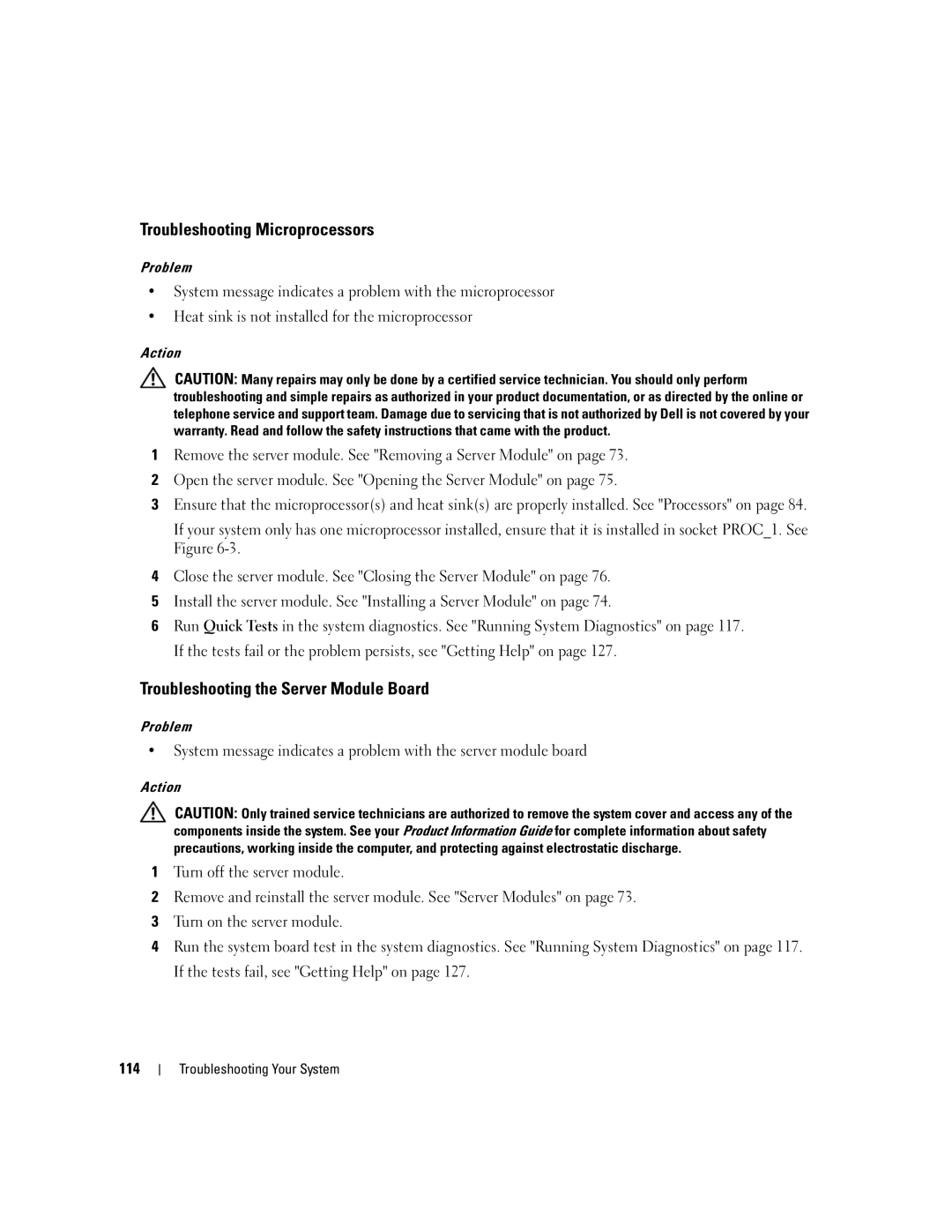 Dell 1955 owner manual Troubleshooting Microprocessors, Troubleshooting the Server Module Board 