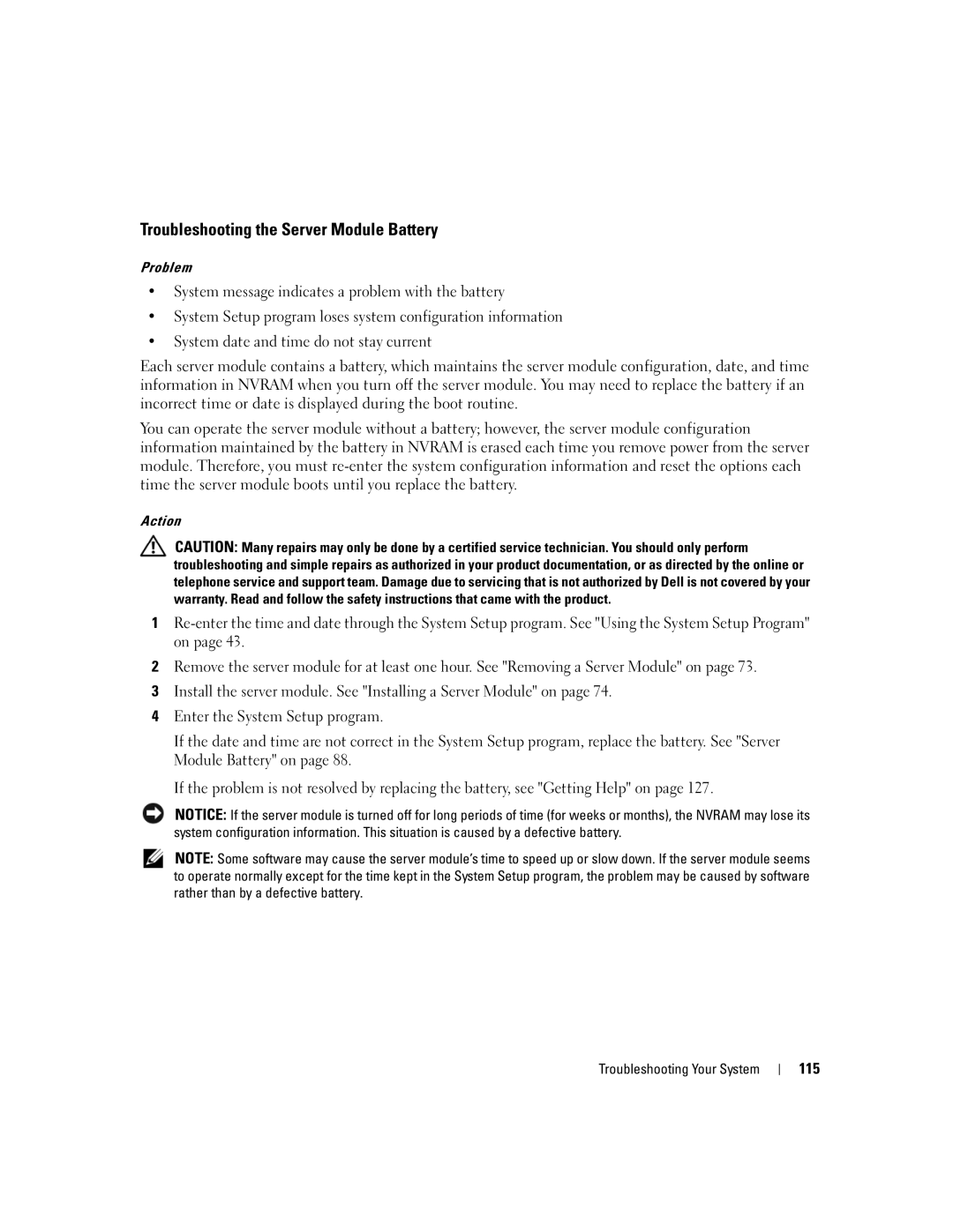 Dell 1955 owner manual Troubleshooting the Server Module Battery, 115 