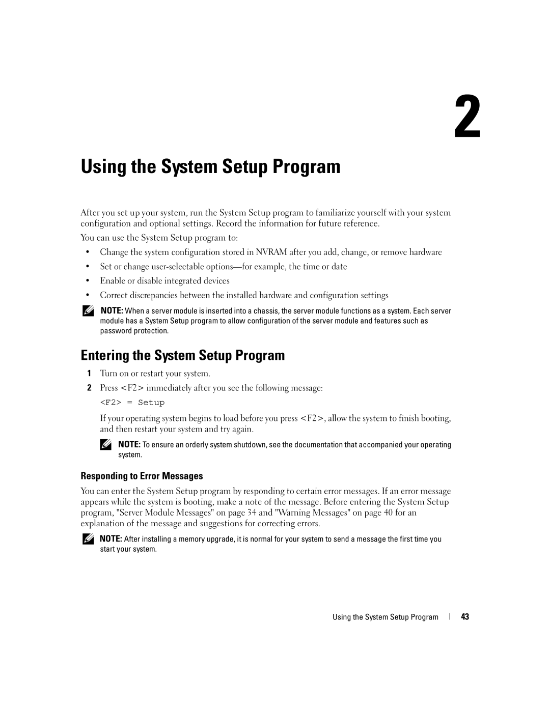 Dell 1955 owner manual Entering the System Setup Program, Responding to Error Messages, Using the System Setup Program 