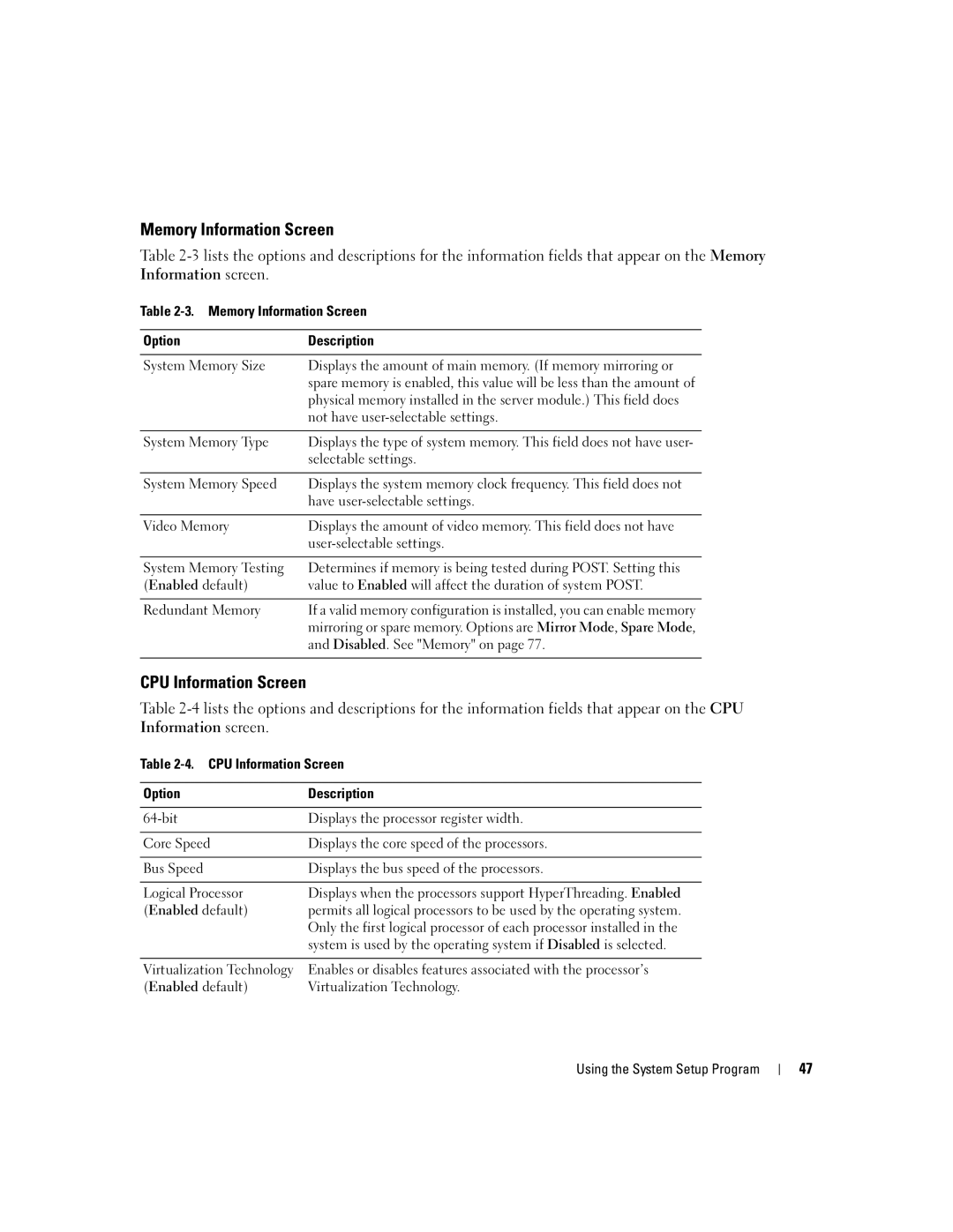 Dell 1955 owner manual Memory Information Screen, CPU Information Screen 