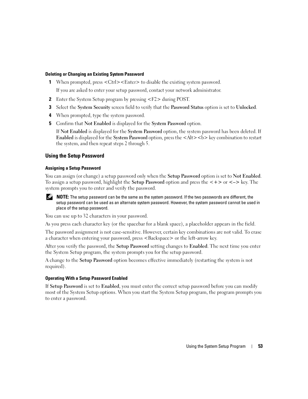 Dell 1955 owner manual Using the Setup Password, Deleting or Changing an Existing System Password 