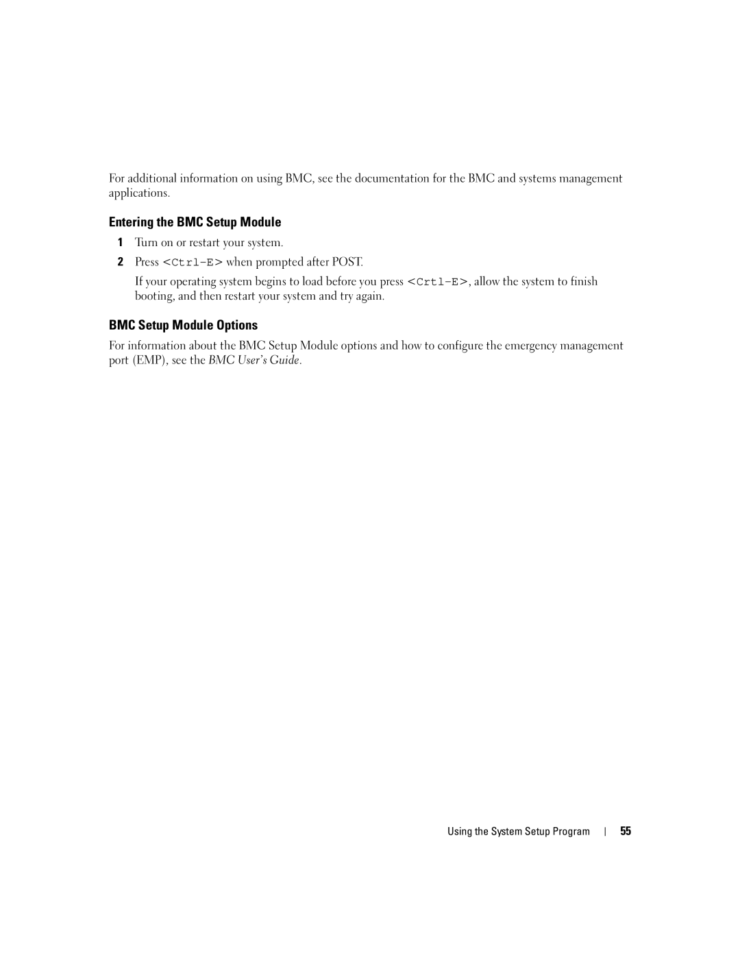 Dell 1955 owner manual Entering the BMC Setup Module, BMC Setup Module Options 