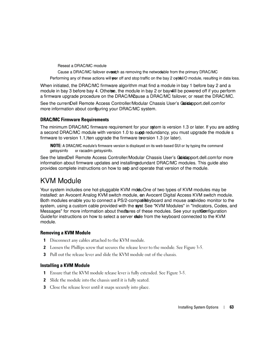 Dell 1955 owner manual Removing a KVM Module, Installing a KVM Module 