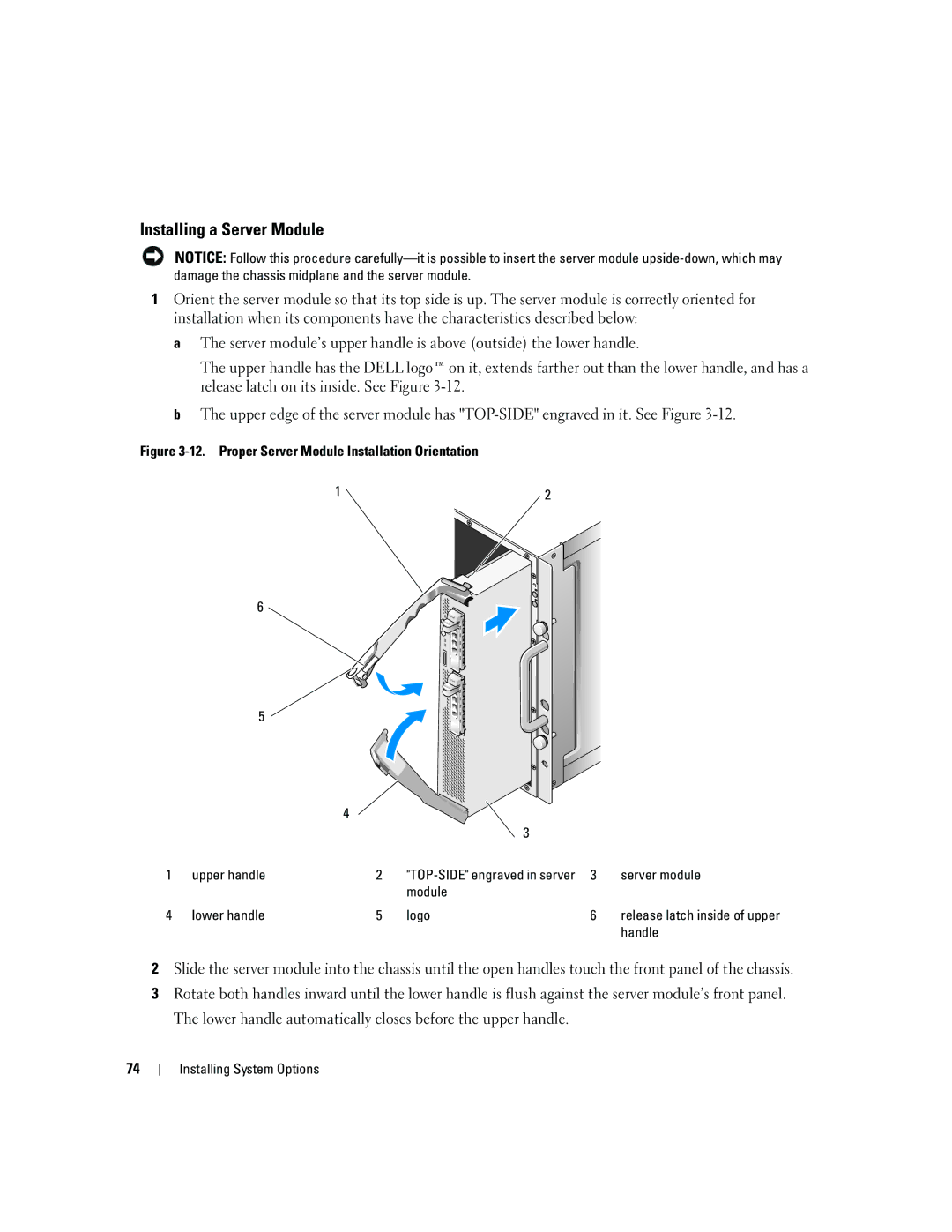 Dell 1955 owner manual Installing a Server Module, Module Lower handle Logo 