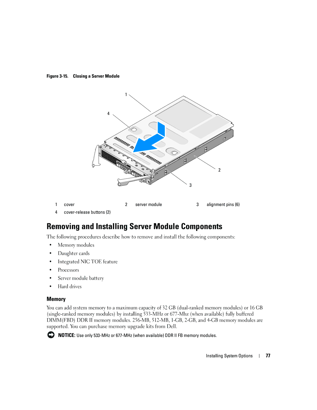 Dell 1955 owner manual Removing and Installing Server Module Components, Memory 