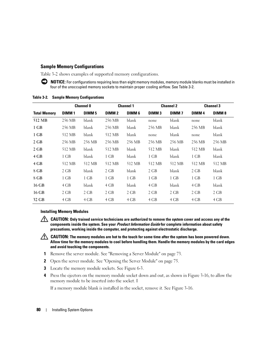 Dell 1955 owner manual Sample Memory Configurations, Shows examples of supported memory configurations 