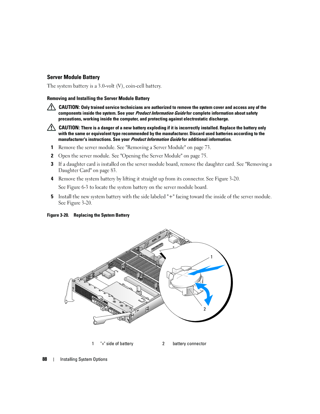 Dell 1955 owner manual Server Module Battery, Replacing the System Battery + side of battery 