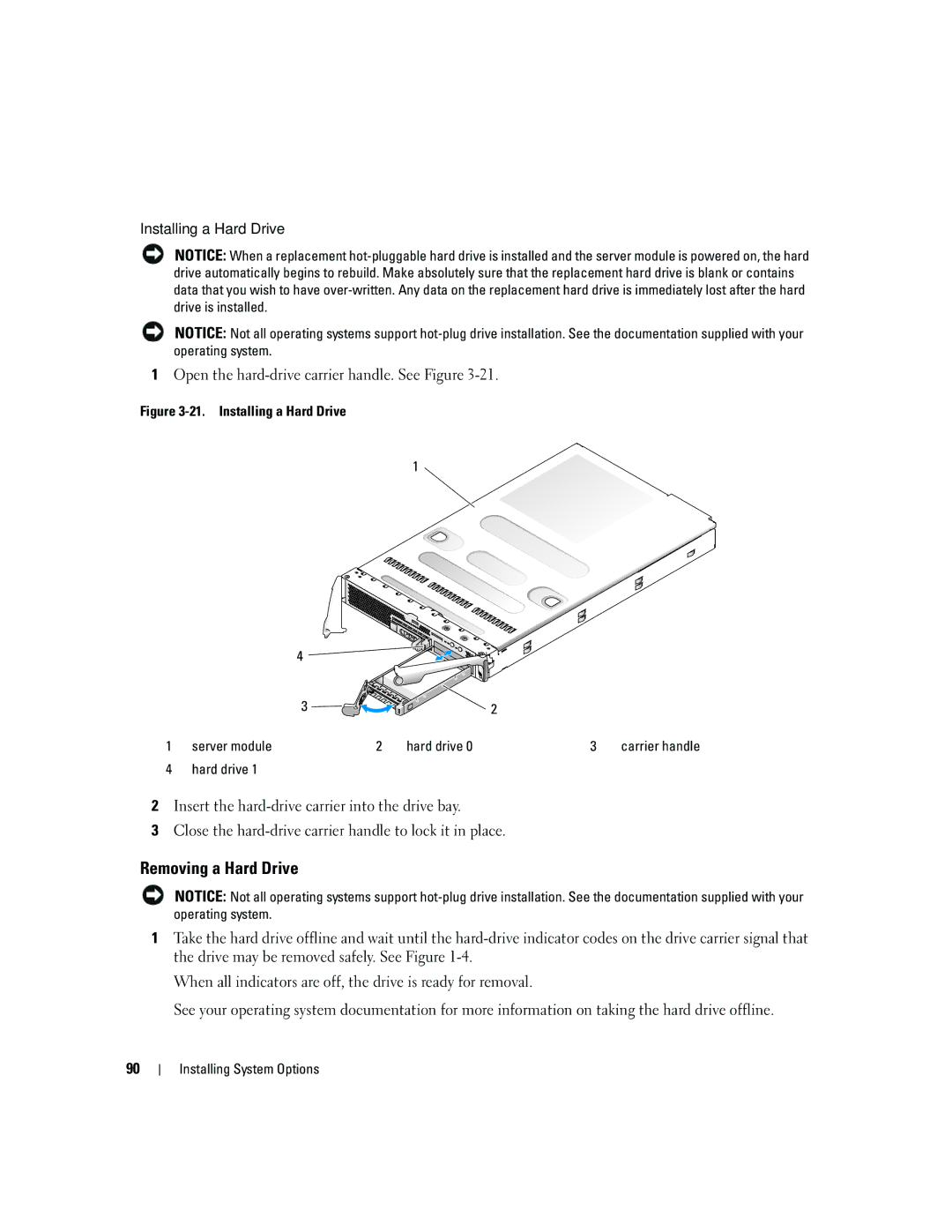 Dell 1955 owner manual Removing a Hard Drive, Installing a Hard Drive Server module Hard drive 