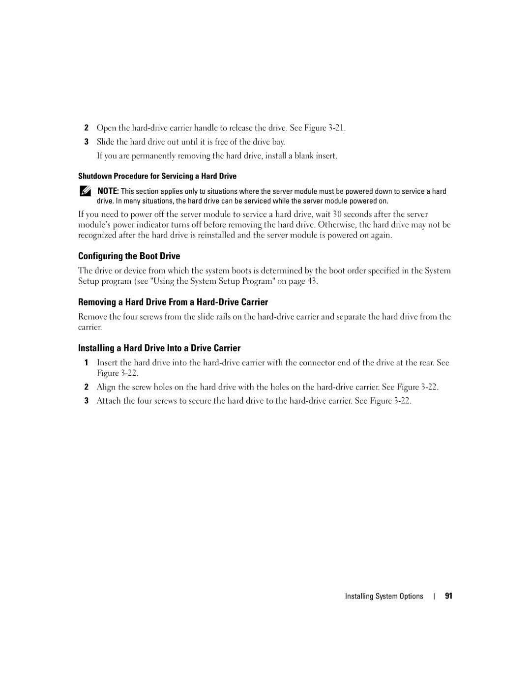 Dell 1955 owner manual Configuring the Boot Drive, Removing a Hard Drive From a Hard-Drive Carrier 