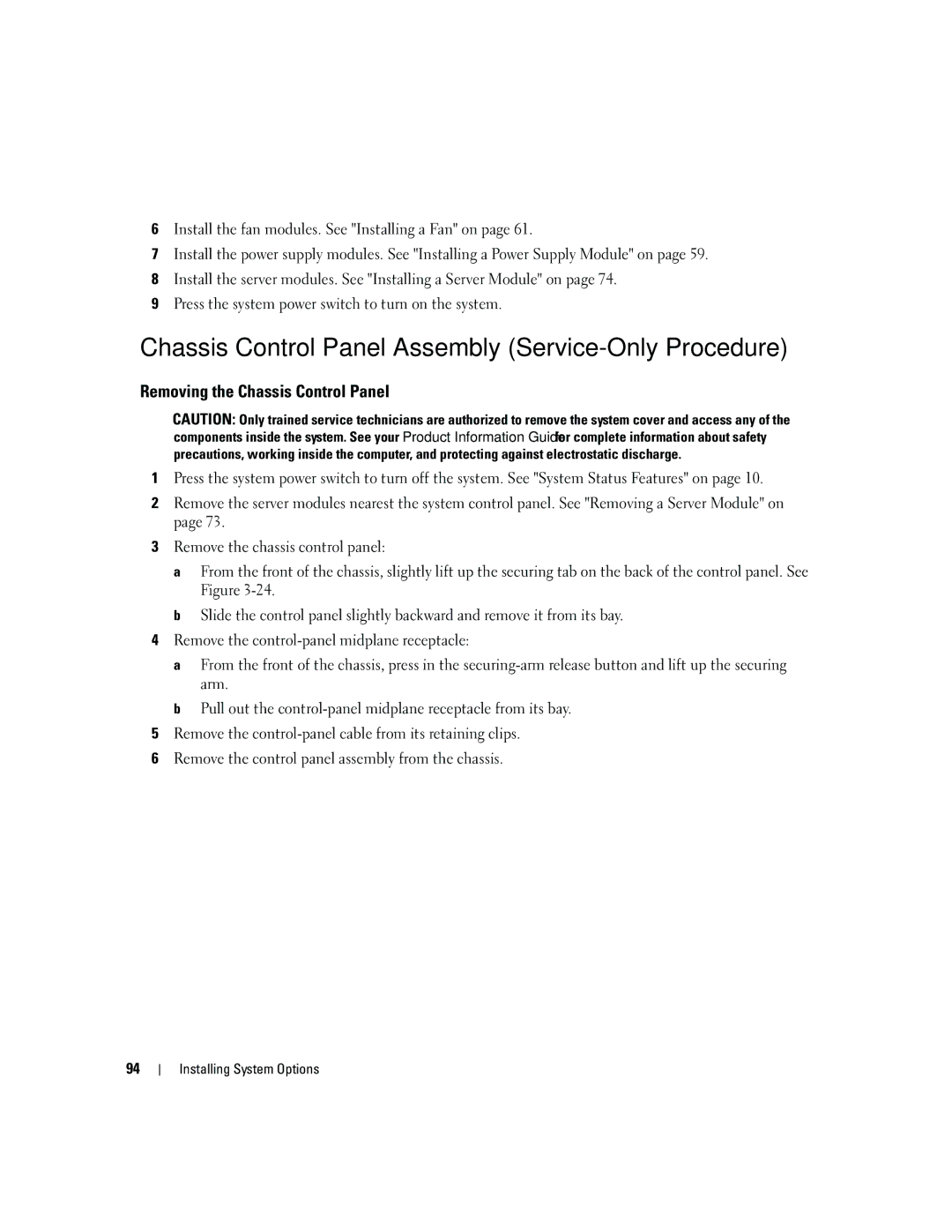 Dell 1955 owner manual Chassis Control Panel Assembly Service-Only Procedure, Removing the Chassis Control Panel 