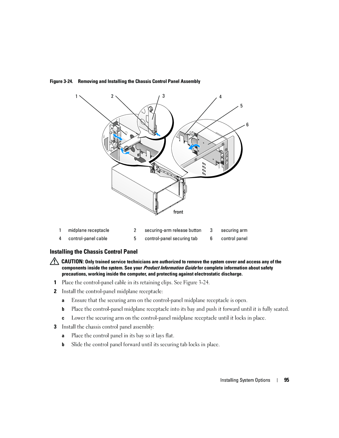 Dell 1955 owner manual Installing the Chassis Control Panel, Control-panel cable Control-panel securing tab 