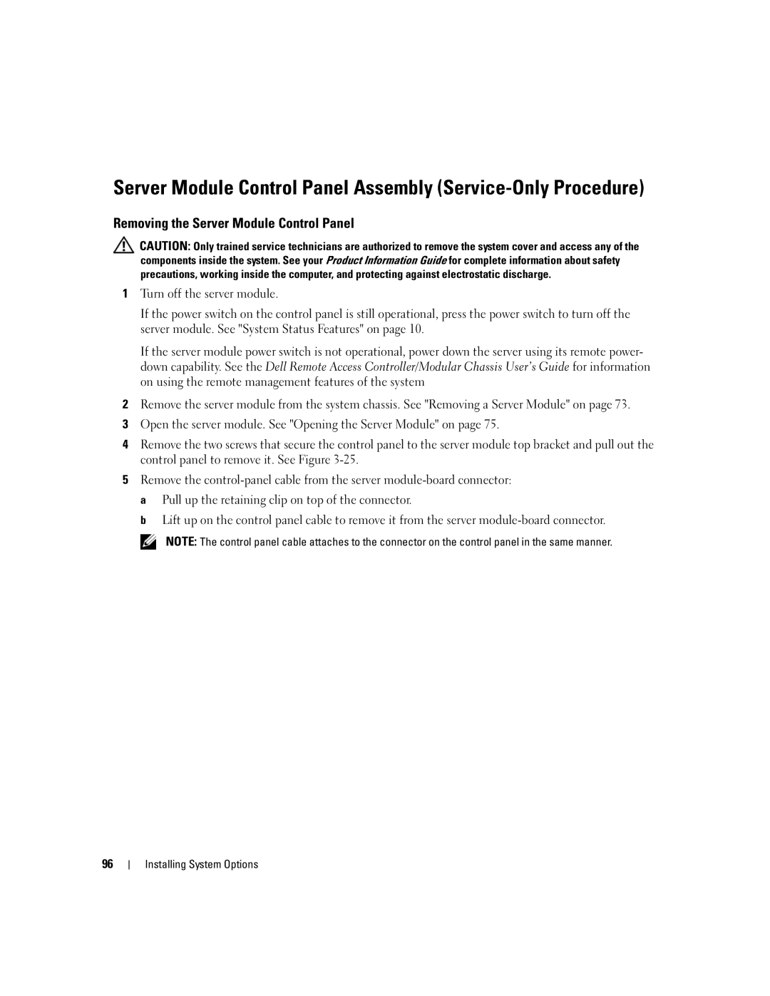 Dell 1955 Server Module Control Panel Assembly Service-Only Procedure, Removing the Server Module Control Panel 