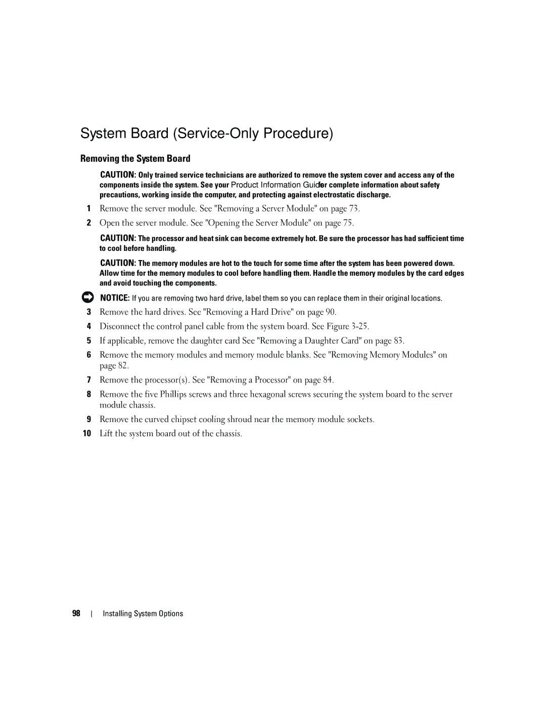 Dell 1955 owner manual System Board Service-Only Procedure, Removing the System Board 